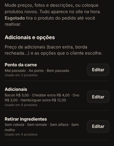 Edição do cardápio no painel